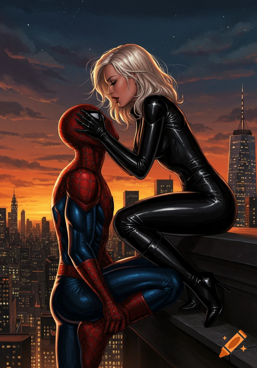 Black Cat kisses Spider-Man on a city rooftop at sunset, comic art style.