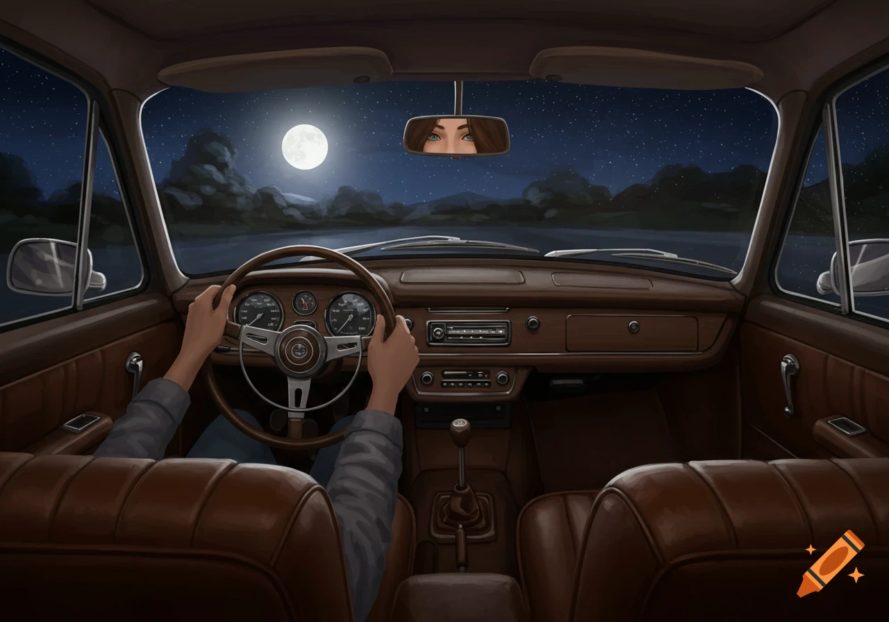 Illustration of a person driving a classic car at night, with a full moon visible and eyes in the rearview mirror.