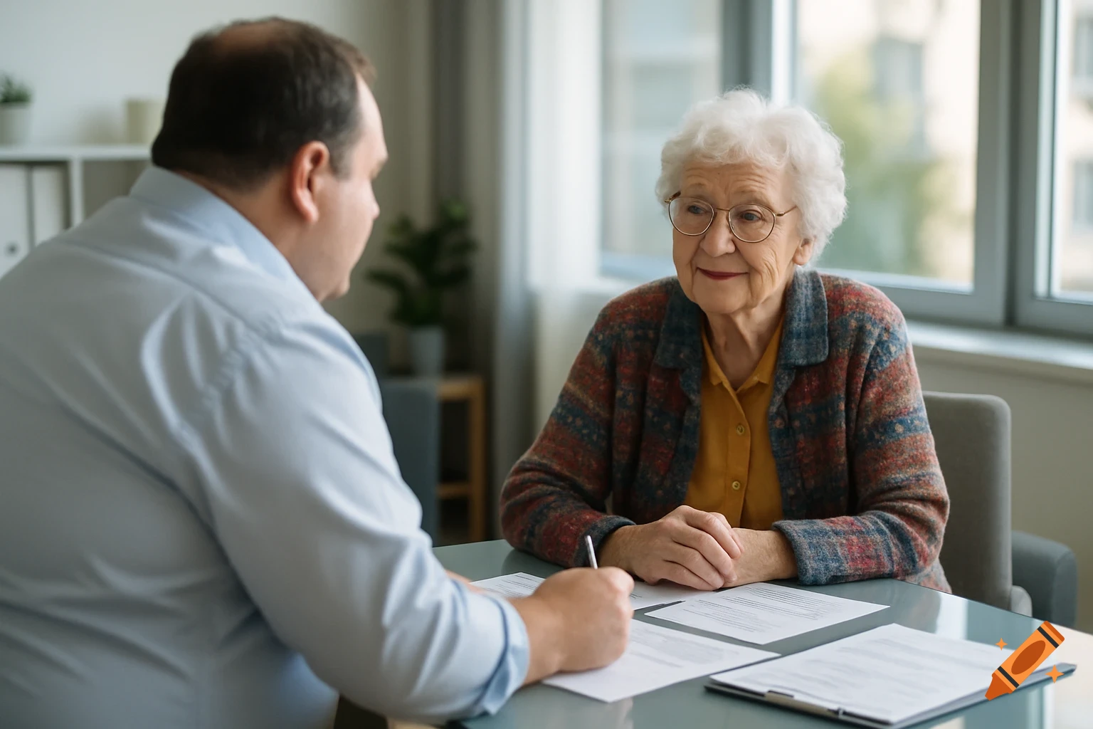 Elderly woman with white hair and glasses smiles at a male consultant writing on documents in a bright office.