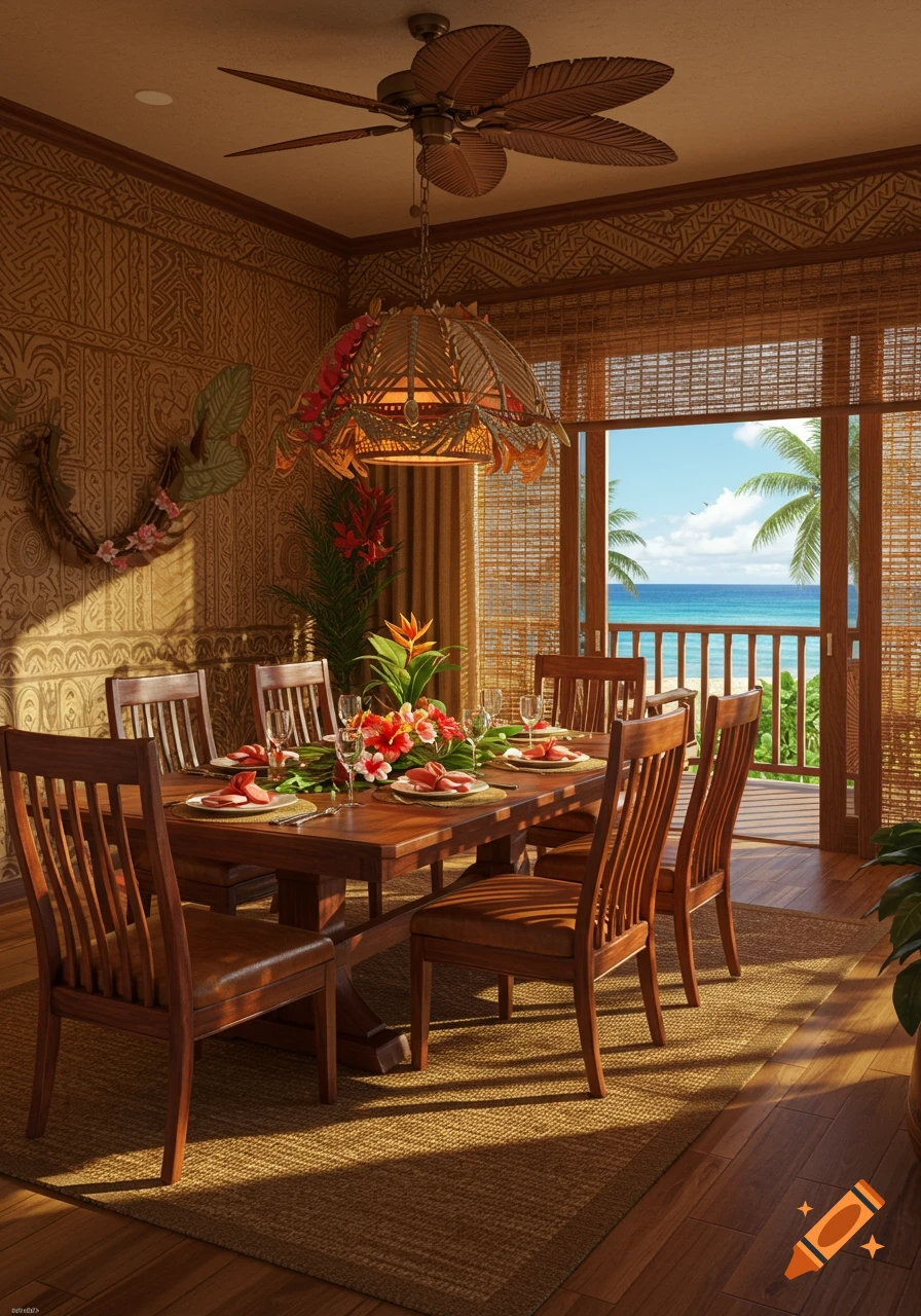 A photorealistic Hawaiian-themed dining room with a wooden table set for dinner, overlooking a tropical beach with palm trees and ocean.