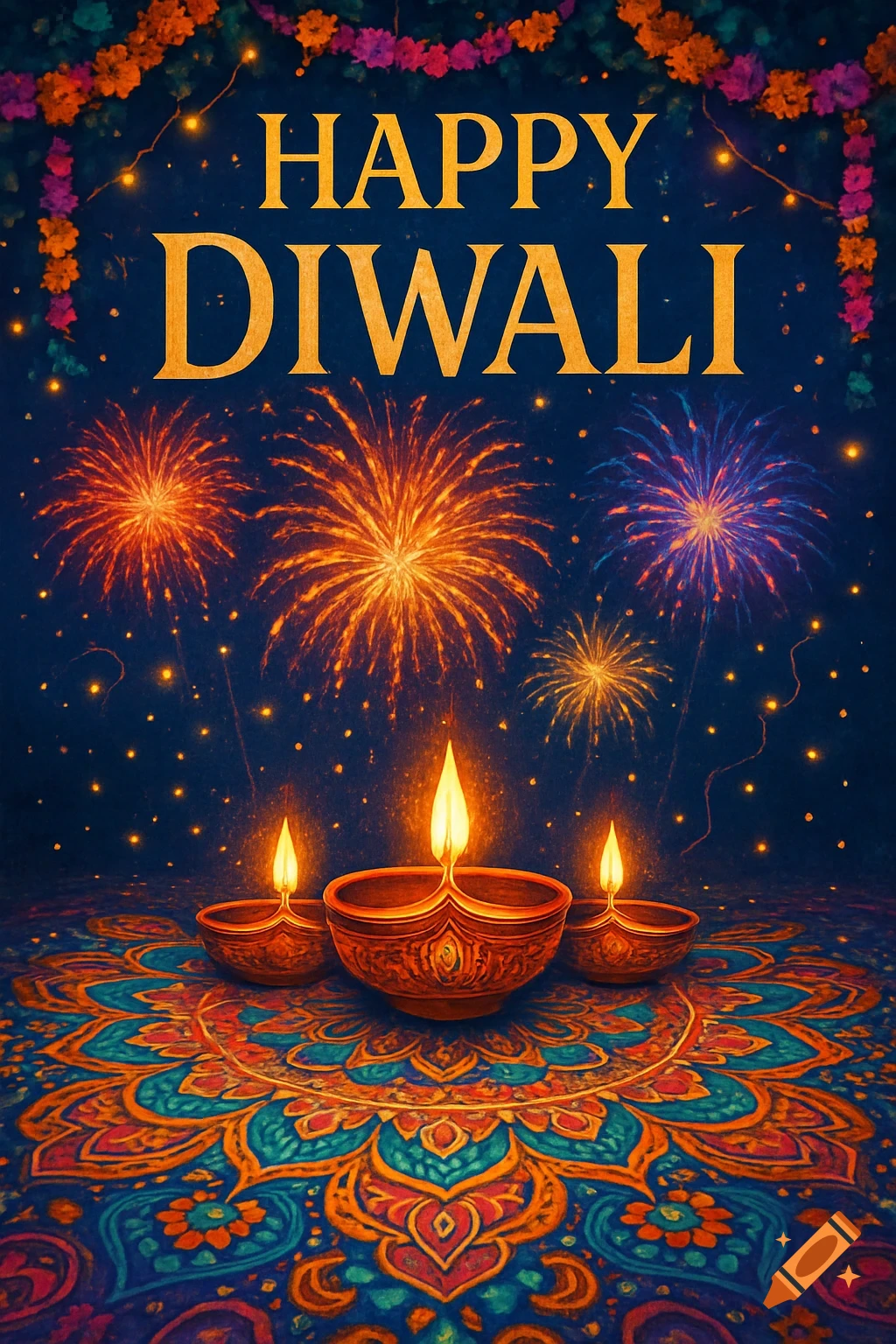 A vibrant 'Happy Diwali' greeting card featuring fireworks, three lit diyas, and an intricate mandala pattern on a dark blue background.