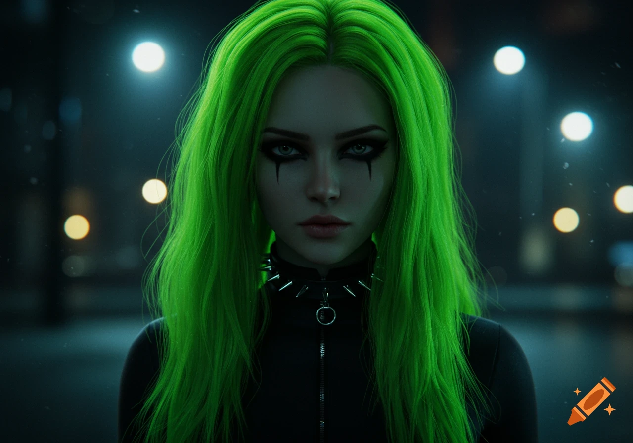 A photorealistic portrait of a woman with long, bright lime green hair, black makeup, and a studded choker, against a dark, blurry night background.