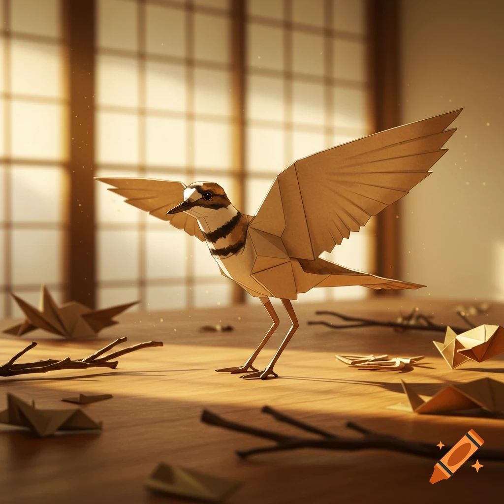An intricate origami Killdeer bird with spread wings stands on a wooden table, bathed in warm sunlight from a shoji screen background.