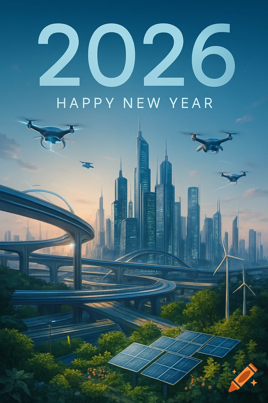 Futuristic cityscape at dusk with skyscrapers, multi-level highways, drones, wind turbines, solar panels, and '2026 HAPPY NEW YEAR'.