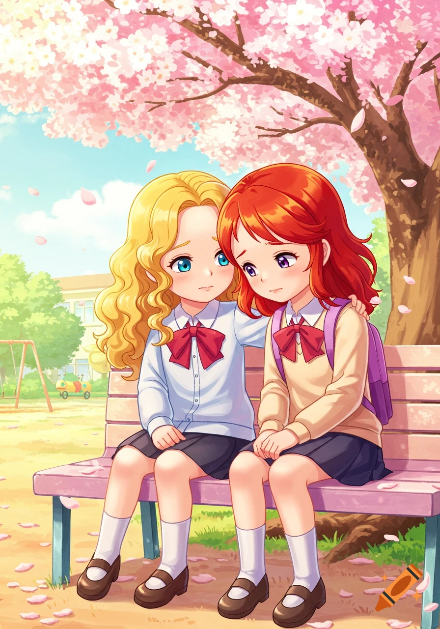 Anime illustration of two schoolgirls on a park bench under a cherry blossom tree, one comforting the other.