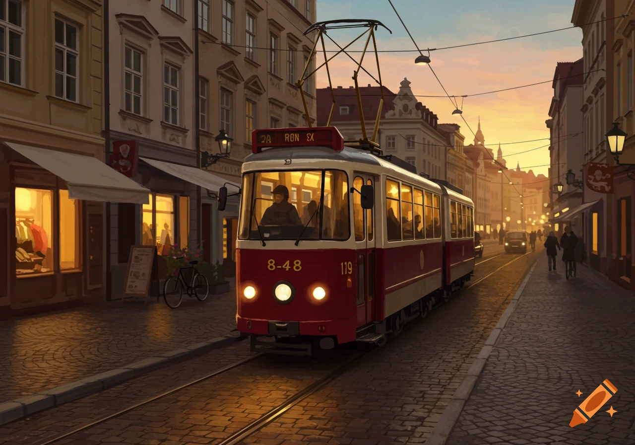 Red and white tram on a cobblestone street at sunset, with illuminated buildings and people in the distance, in a painted style.