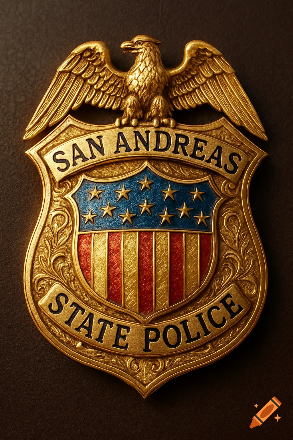 A detailed golden San Andreas State Police badge featuring an eagle and stars on a dark background.