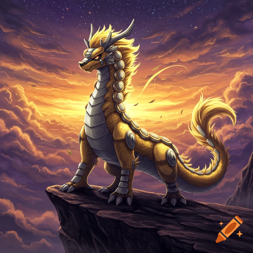 A gold and white dragon-like creature, resembling Kommo-o, stands on a cliff against a vivid orange and purple sunset sky.