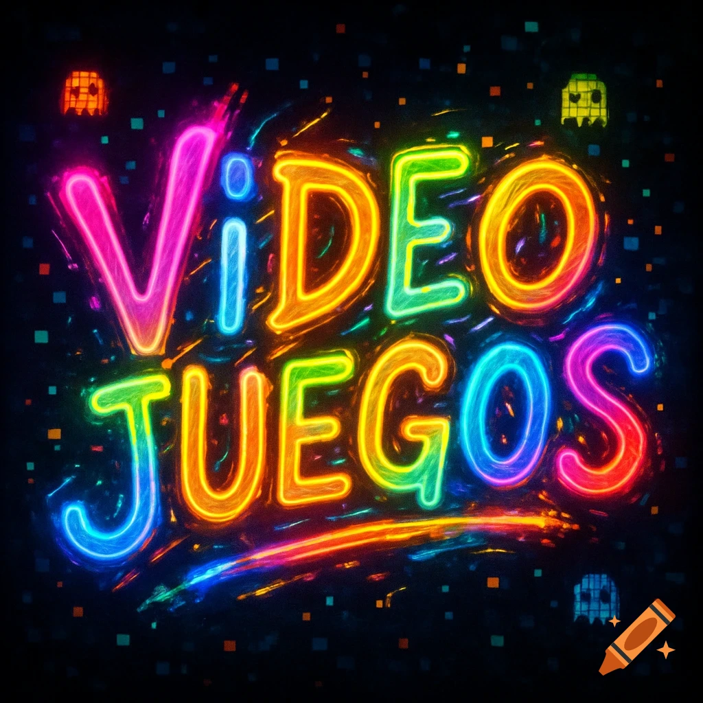 Bright neon text "VIDEO JUEGOS" on a dark background with colorful pixelated elements and retro ghost figures.