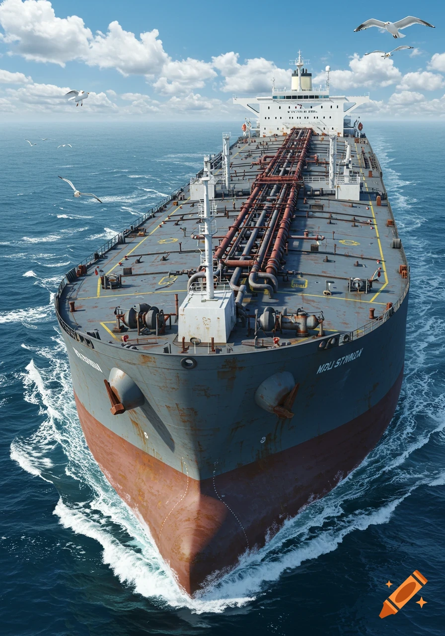 Photorealistic overhead view of a large oil tanker cutting through blue ocean water under a cloudy sky.