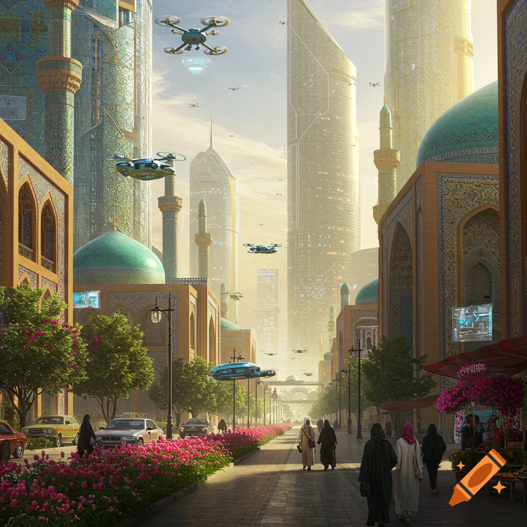 A futuristic city street blending traditional Middle Eastern architecture with modern skyscrapers and flying vehicles.