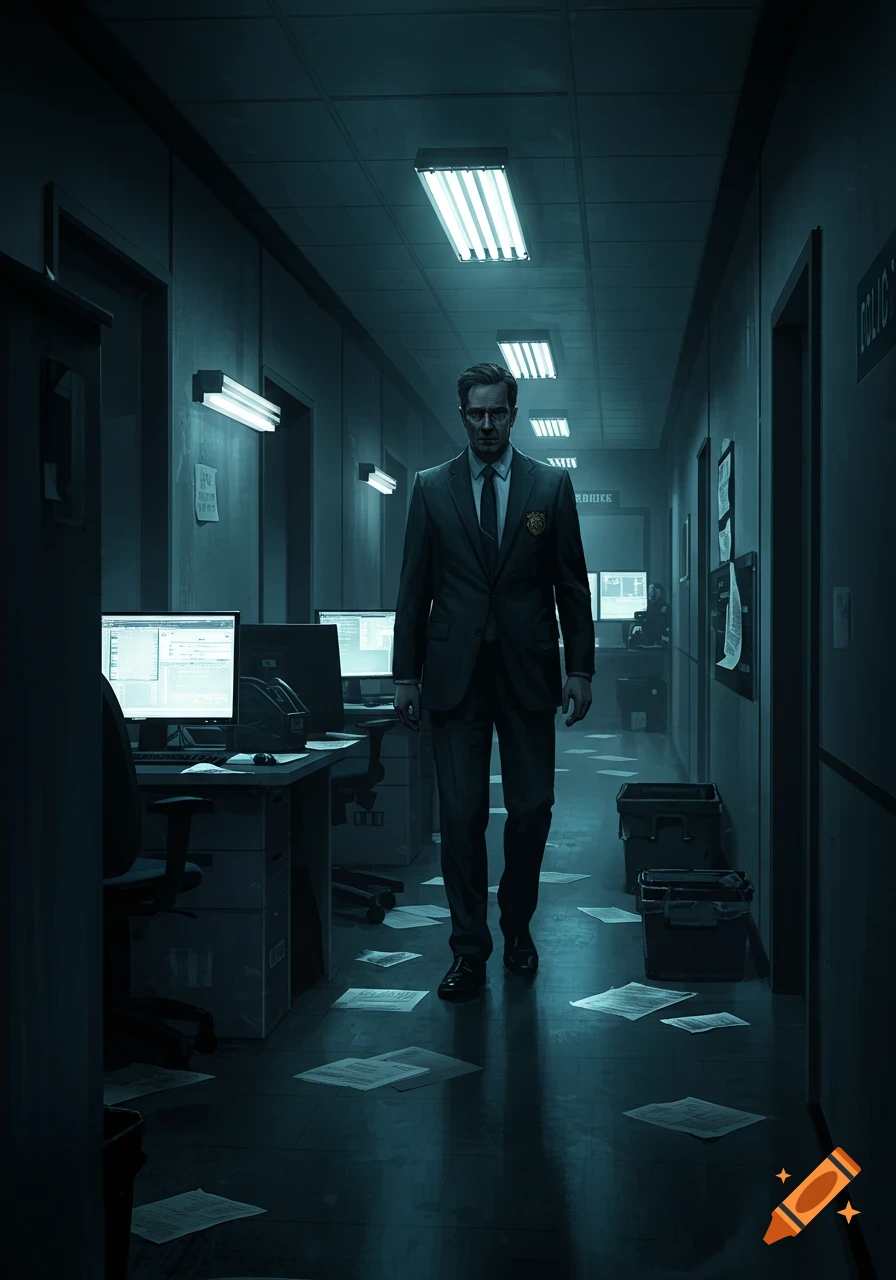 Cinematic 2D illustration of a tired detective in a suit walking down a dimly lit office corridor with scattered papers and glowing computer screens.