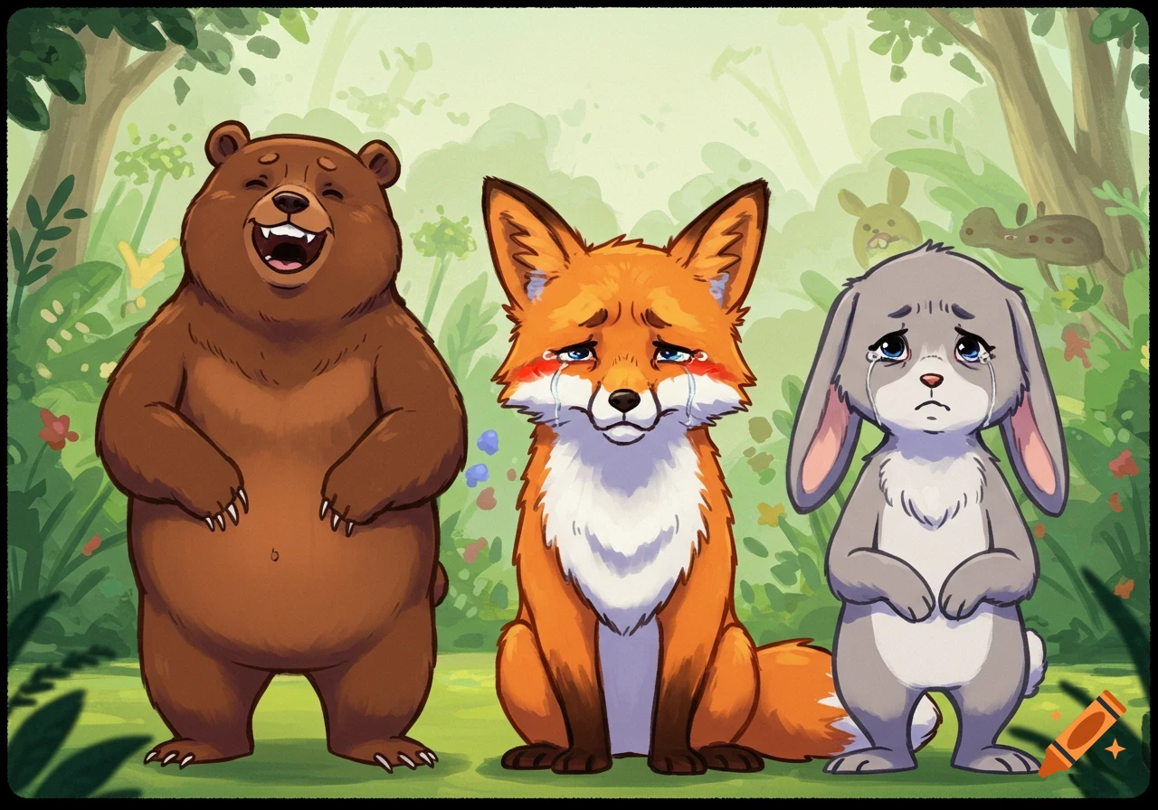 A happy bear, a sad fox, and a crying bunny stand in a lush cartoon forest.