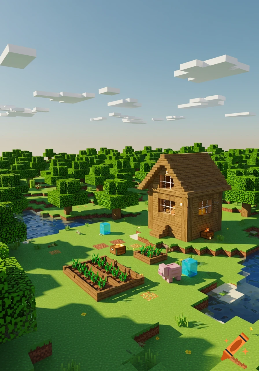 A vibrant Minecraft-style landscape with a wooden house, a farm, a pig, trees, and a river under a blue sky.