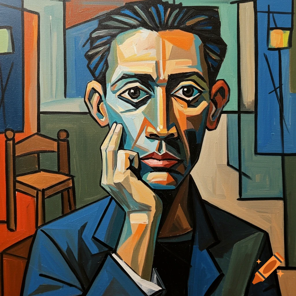 A vibrant, cubist-style painting depicts a man with geometric features, holding his chin, against an abstract background.