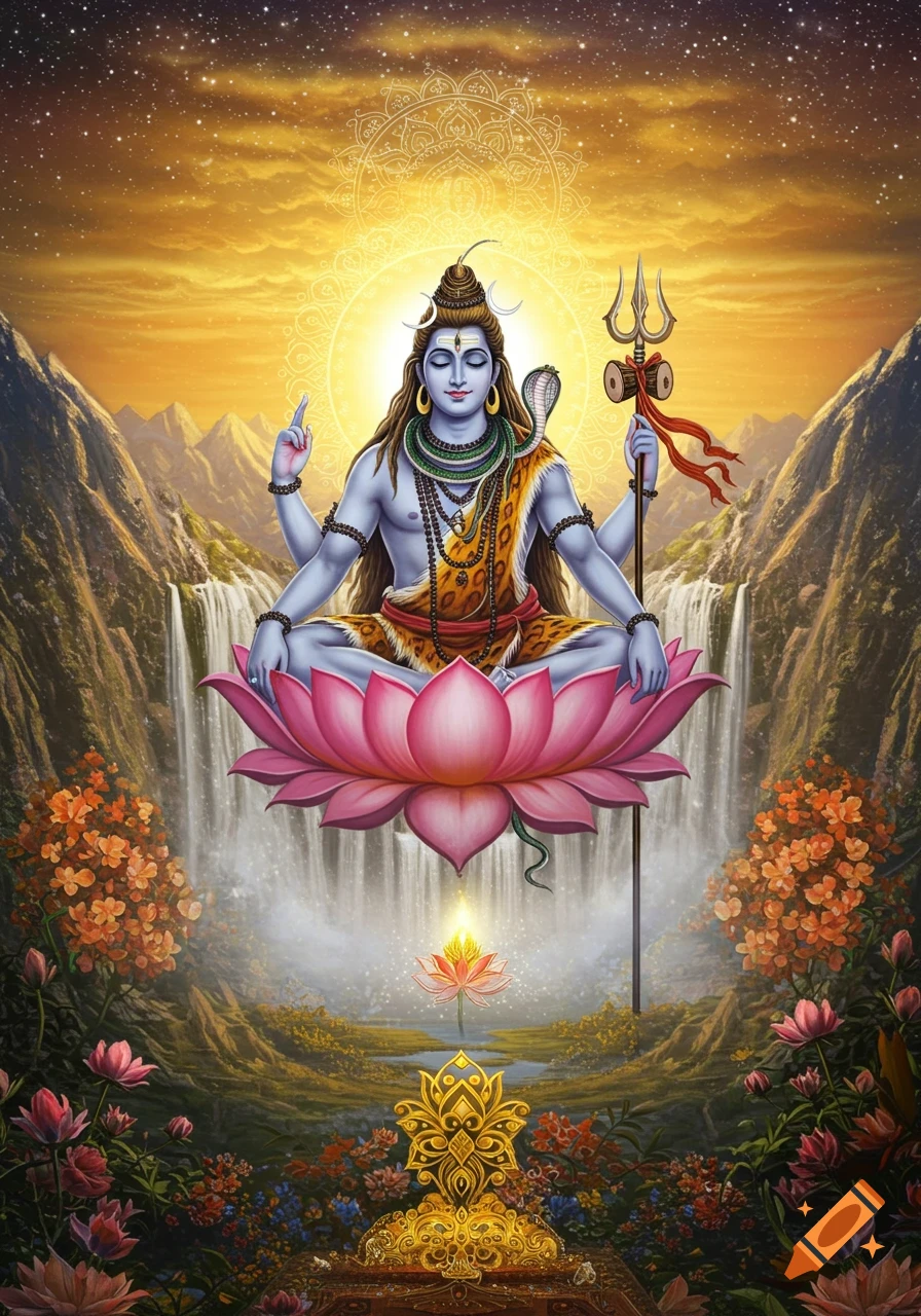 Lord Shiva meditates on a floating pink lotus above waterfalls in a mystical mountainous landscape under a starry golden sky.