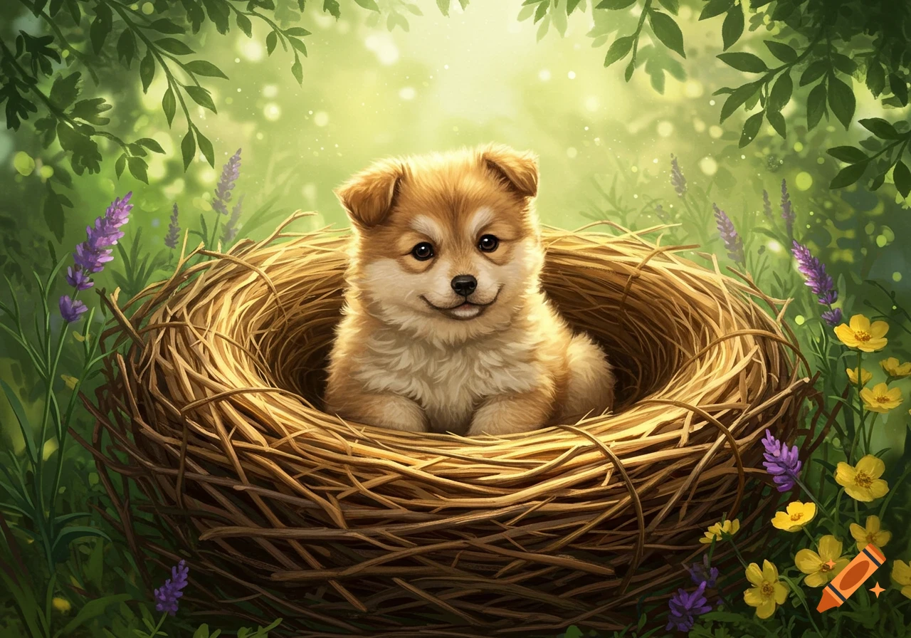 A fluffy, light brown puppy smiles from inside a large woven nest, surrounded by green foliage and small purple and yellow flowers.