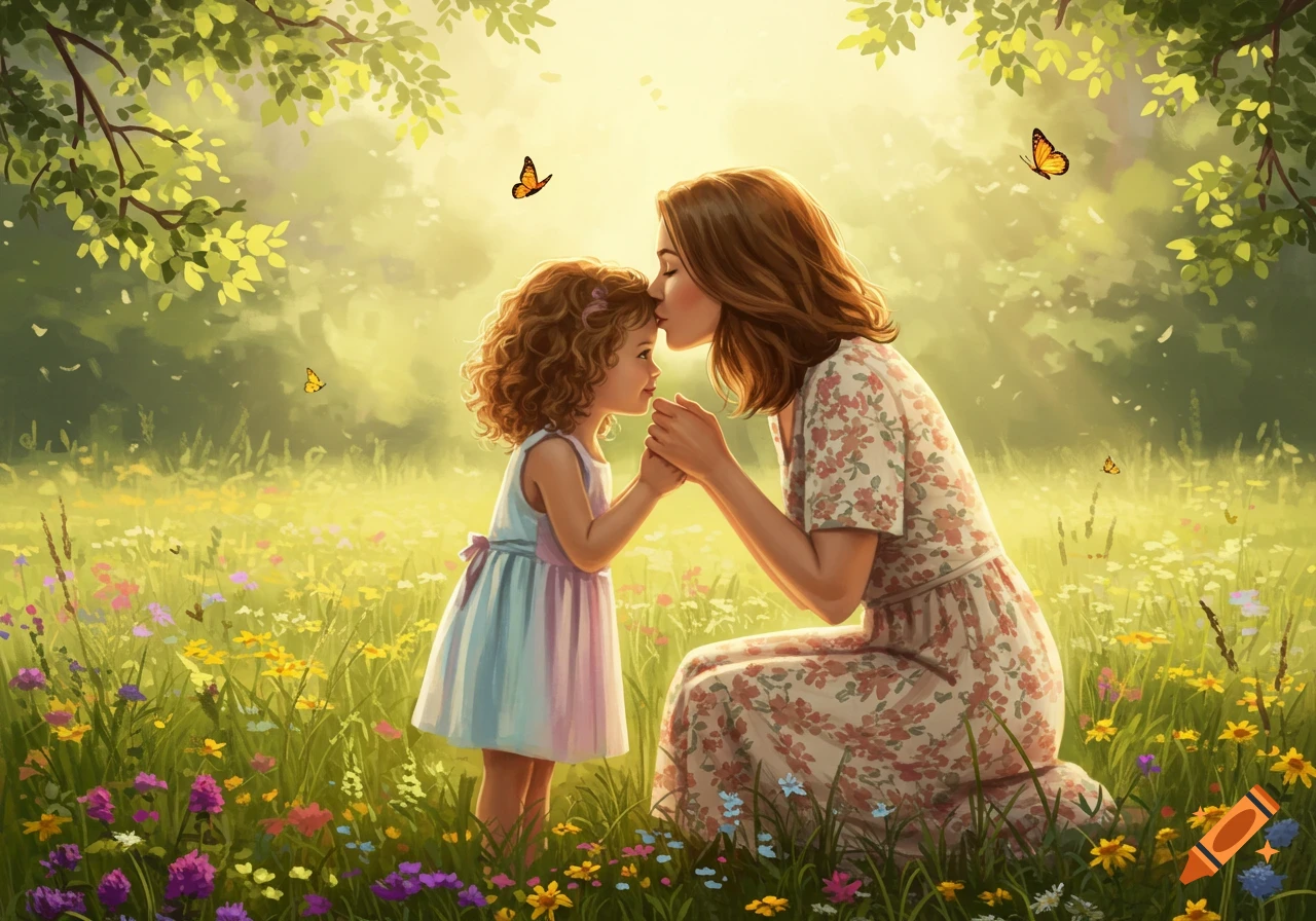 A mother kisses her young daughter's forehead in a sunlit field of colorful wildflowers, with butterflies fluttering around.