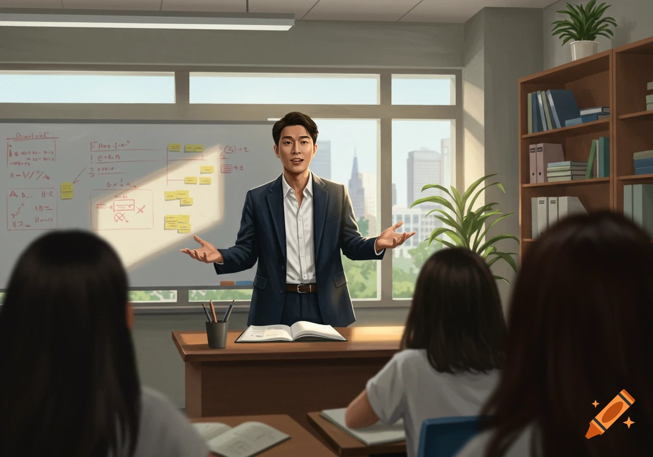 A male teacher gestures in a bright classroom in front of a whiteboard with indistinct notes, facing students.