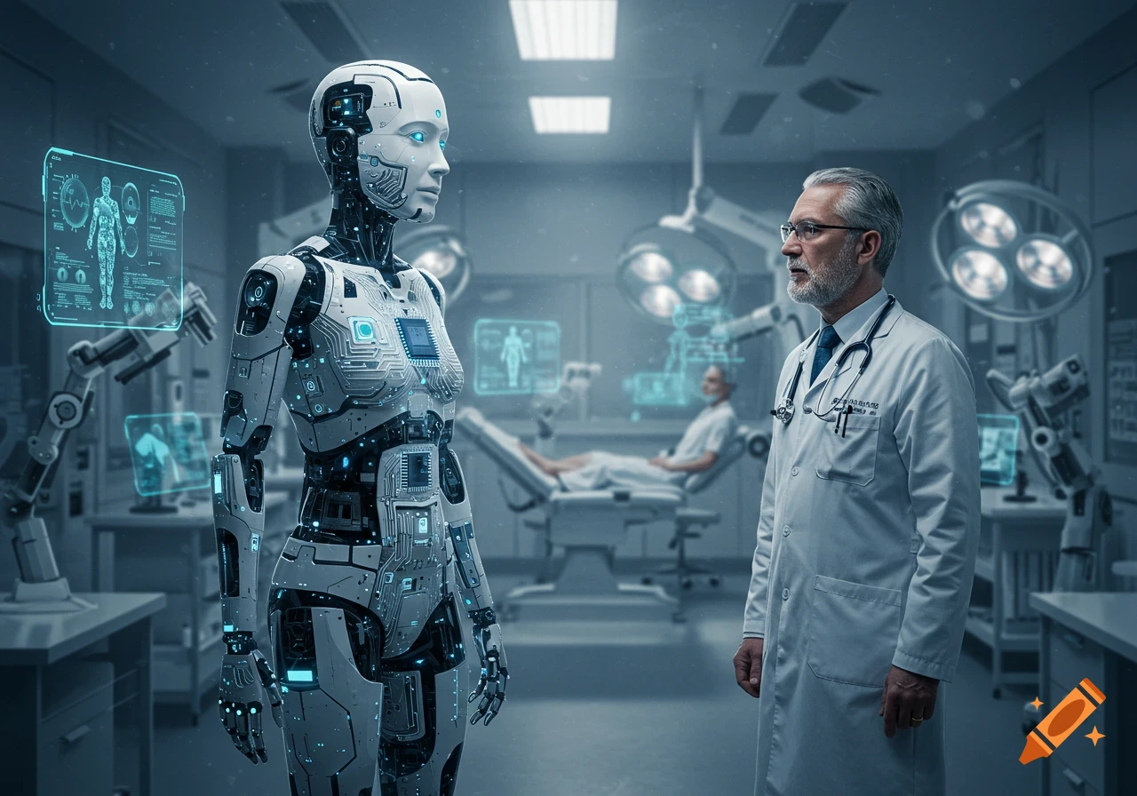 A photorealistic image of a human doctor and a humanoid robot facing each other in a futuristic medical lab with glowing holographic displays.