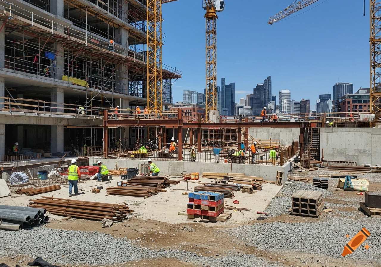 A large multistory building under construction with scaffolding and cranes, with workers visible, set against a city skyline.