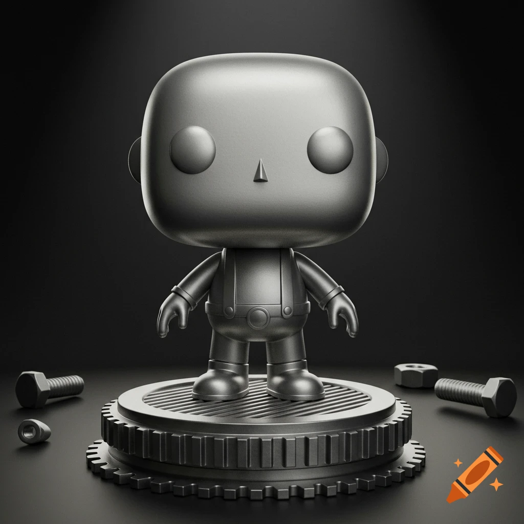 Metallic gray Funko Pop-style robot figure on a gear base with nuts and bolts on a dark background.
