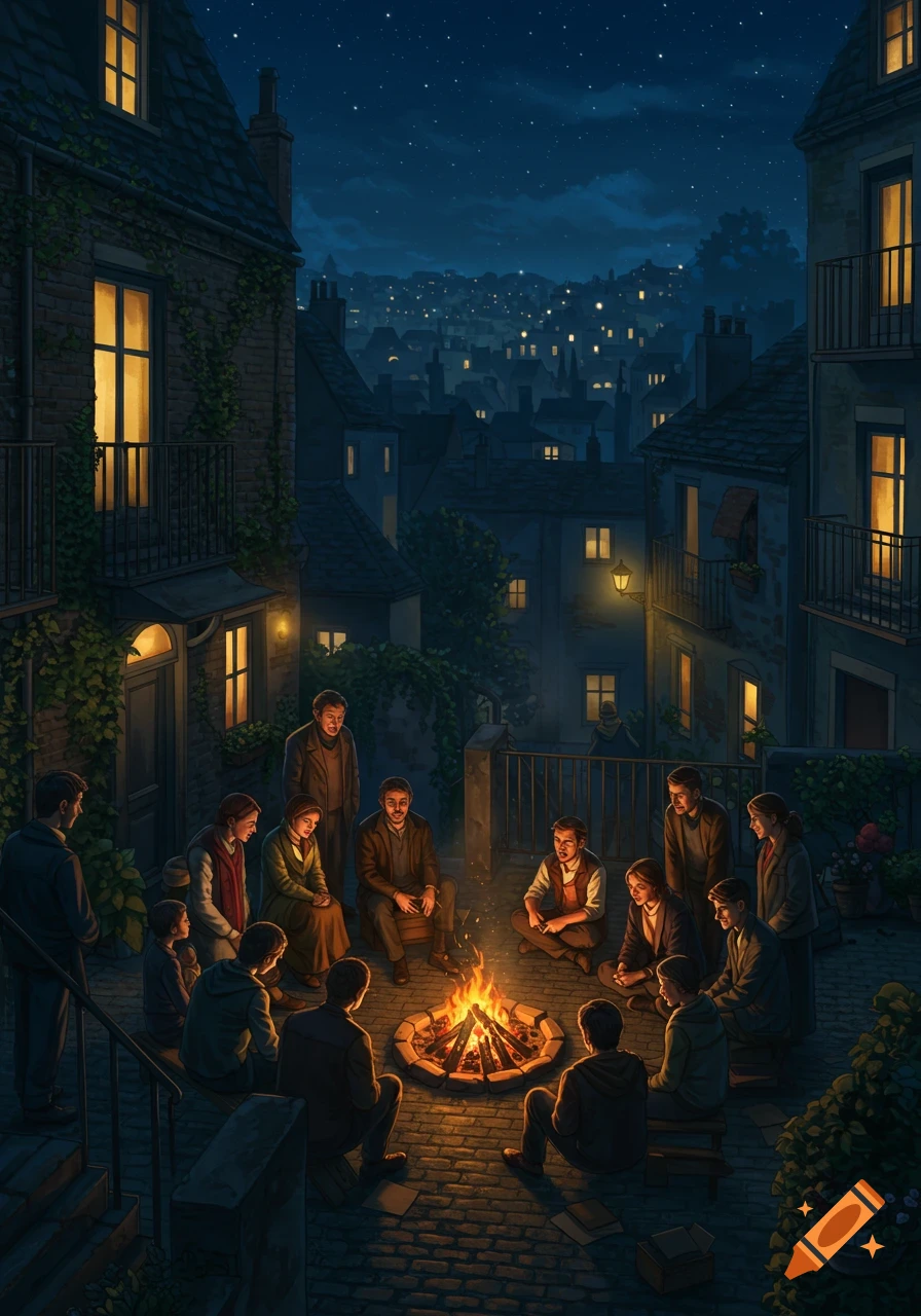Group of people around a campfire in a cobblestone urban courtyard at night, surrounded by buildings with lit windows.