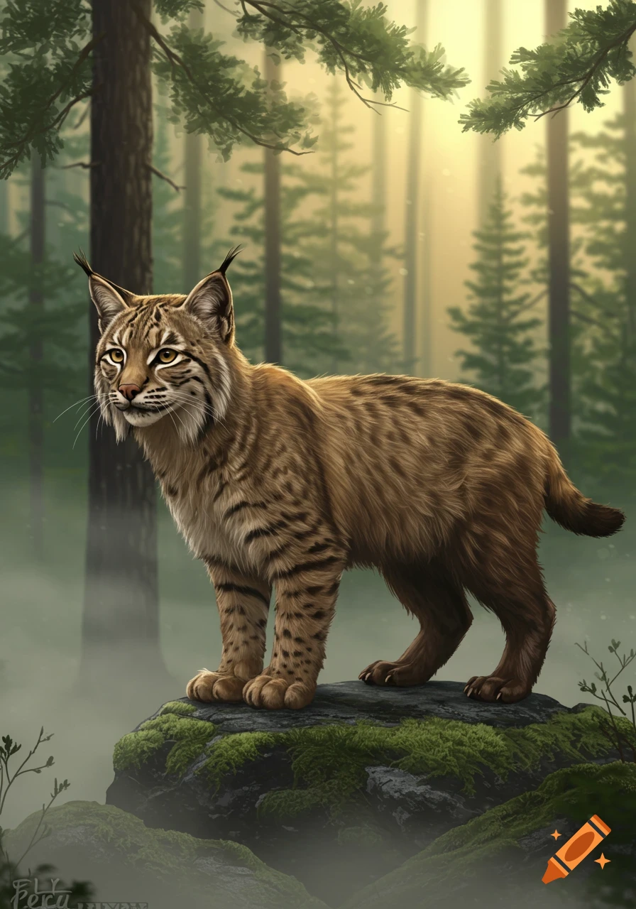 A realistic illustration of a bobcat standing on a mossy rock in a misty forest with sun rays.