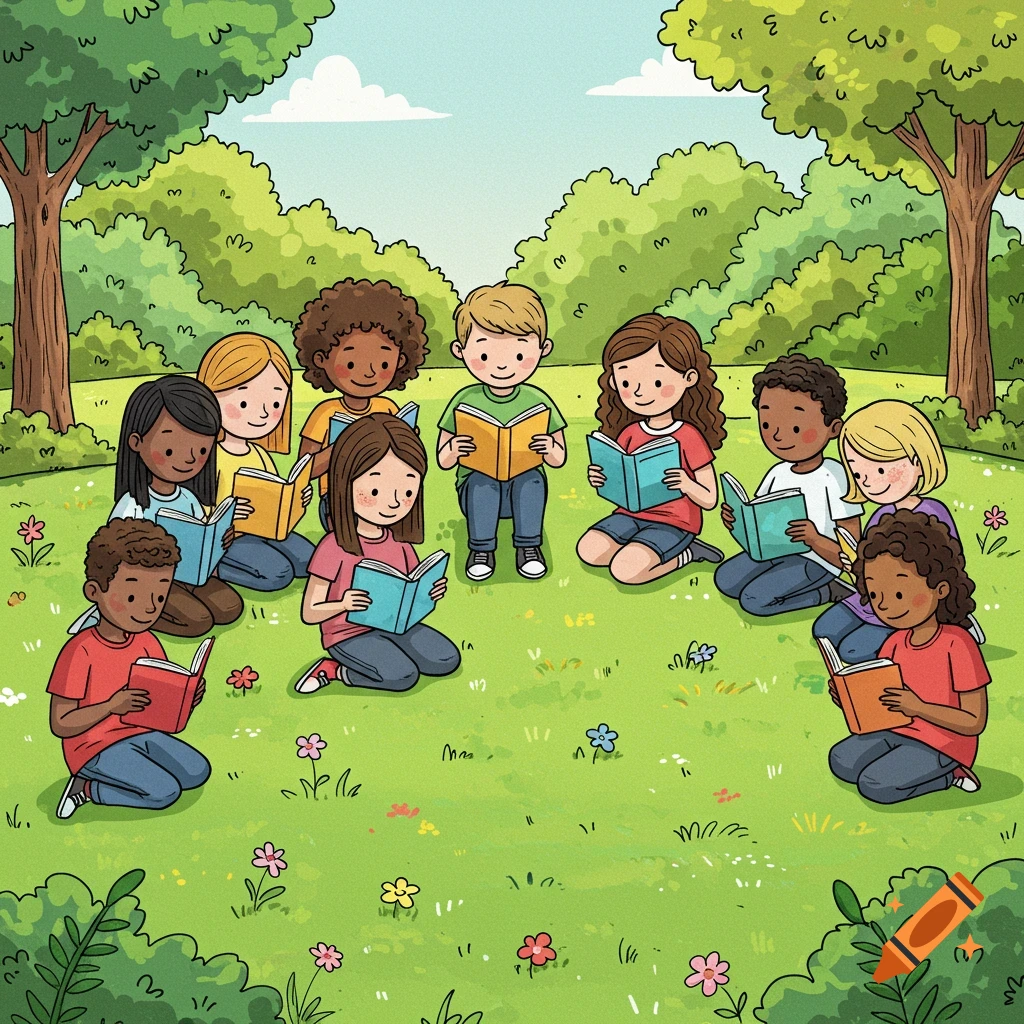 Illustration of diverse kids sitting in a circle on grass in a park, reading books in a graphic novel style.
