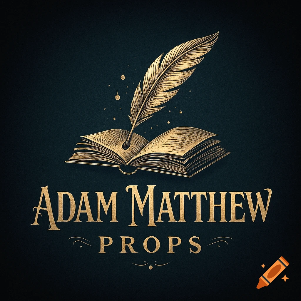 Golden logo featuring a quill pen writing in an open book, with the text 'Adam Matthew PROPS' on a dark background.