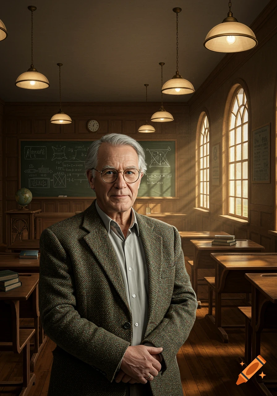 A photorealistic portrait of an older male teacher with gray hair and glasses, standing in a vintage classroom with a blackboard and wooden desks.