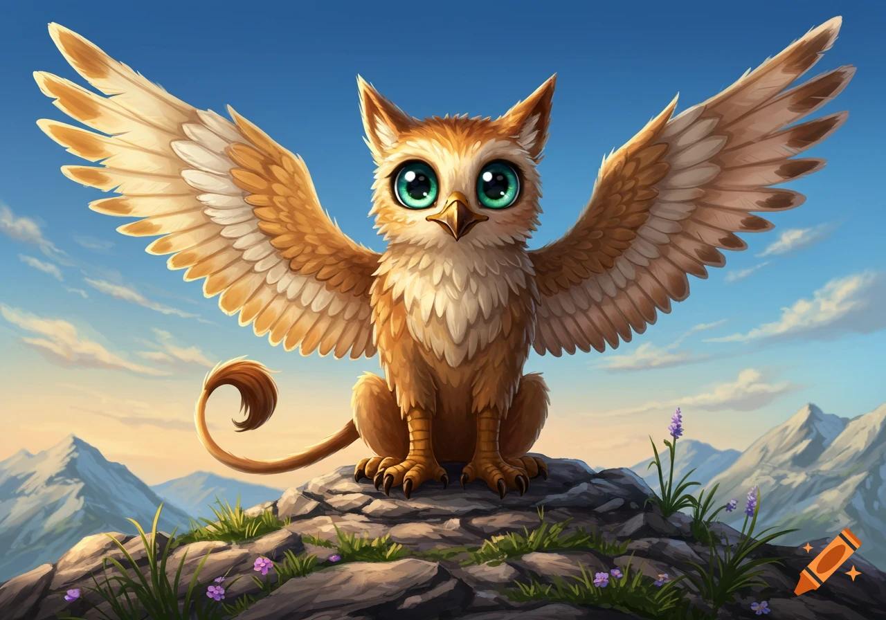 A cute, fluffy cartoon griffin with large green eyes and golden-brown feathers sits on a rocky mountain peak under a blue sky.