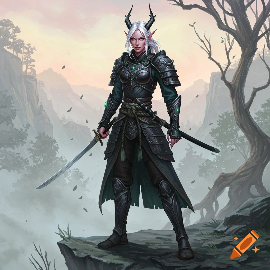 A horned elf warrior in dark samurai armor holds a katana on a cliff overlooking a misty mountain landscape. Digital illustration.