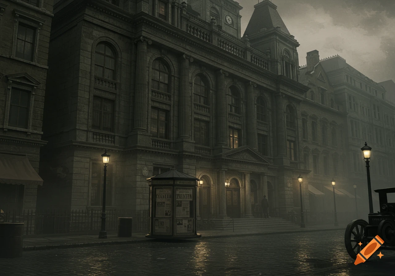 A gloomy, gaslit street scene in a 1930s-style city, with large, dark stone buildings and a prominent newsstand in the foreground.