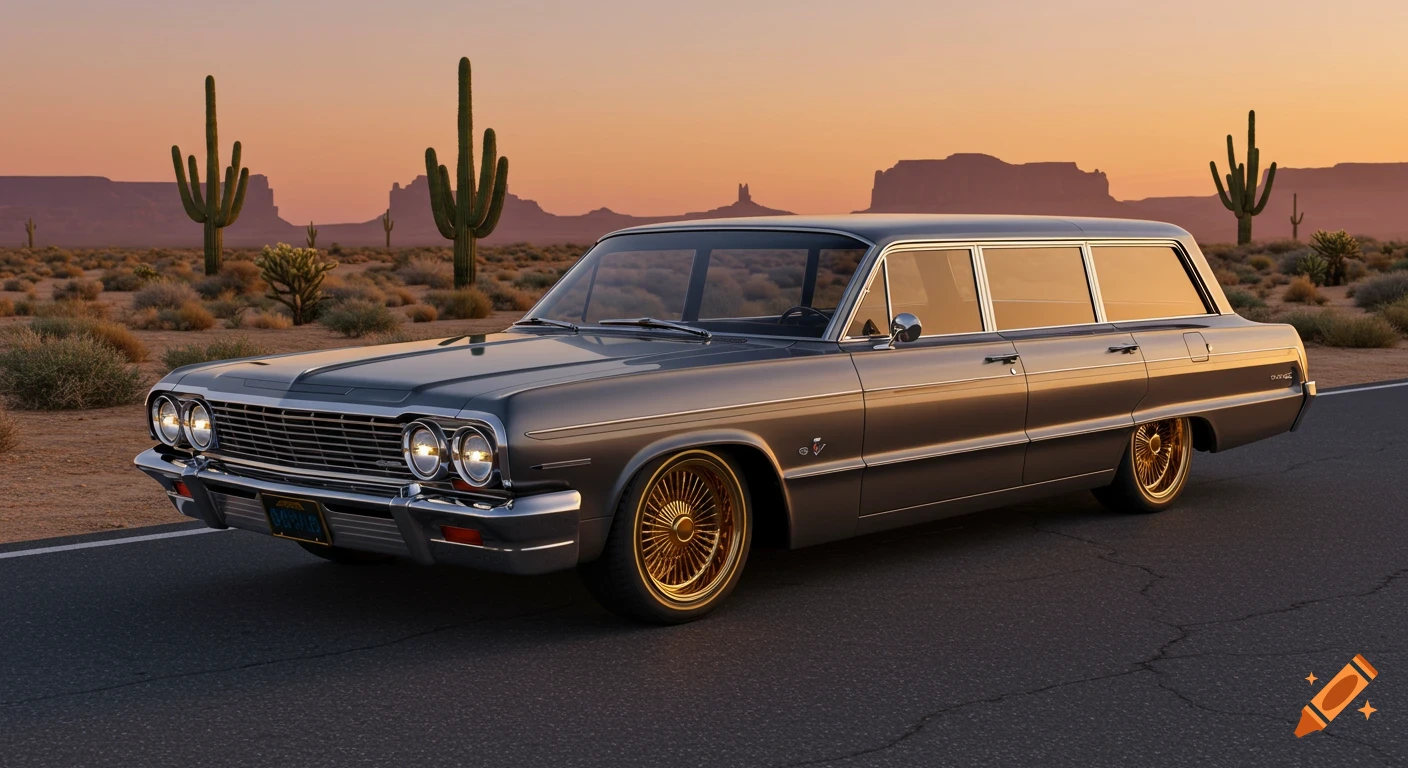 Metallic grey 1964 Impala station wagon lowrider with gold wheels and bumpers on a desert road at sunset.