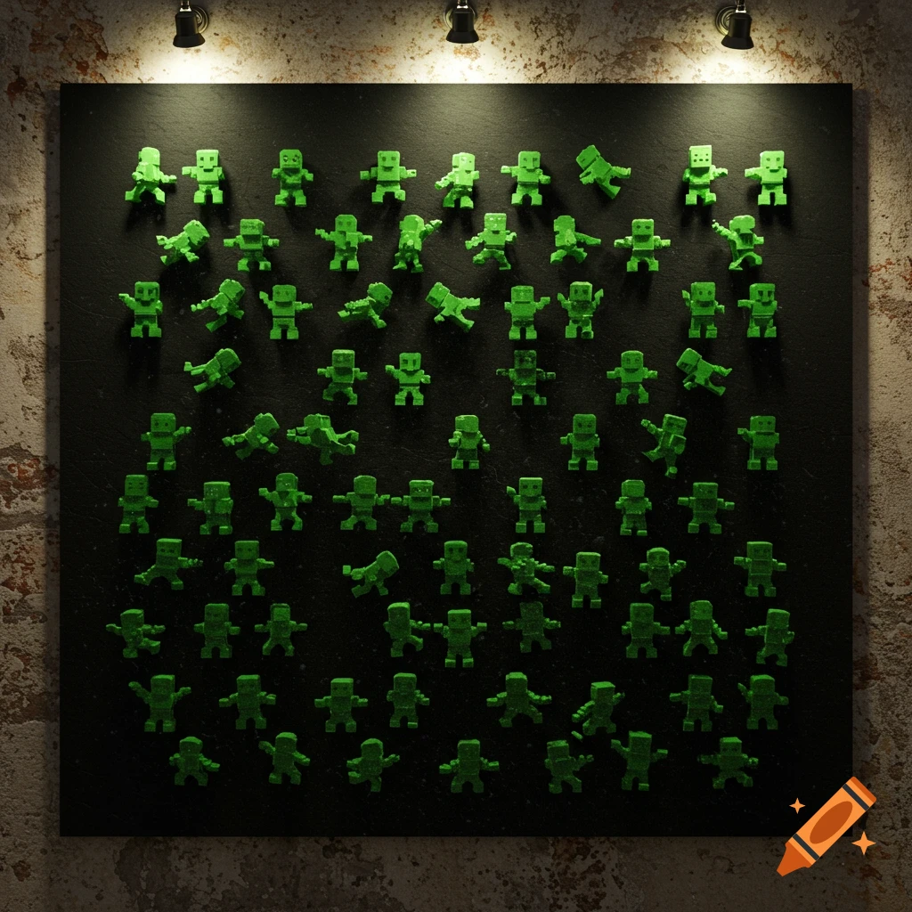 A black board covered with many small, glowing green pixelated robot figures, lit by overhead spotlights on a textured wall.