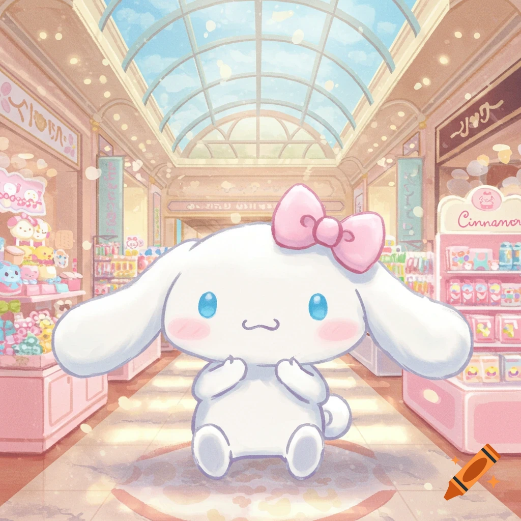 Cinnamoroll wearing a pink bow stands in a cute, pastel shopping mall with a glass ceiling.