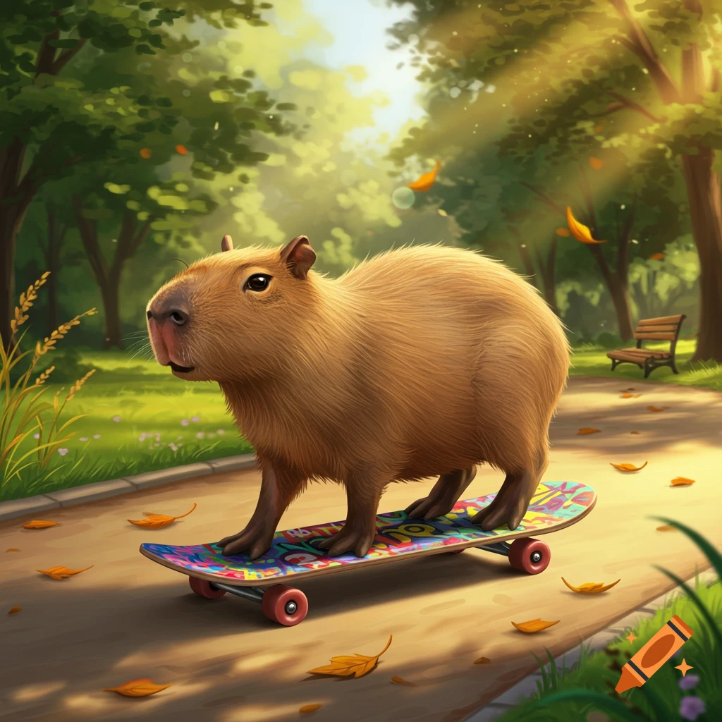 A fluffy capybara rides a colorful skateboard on a paved path in a sunny park filled with green trees and fallen autumn leaves.