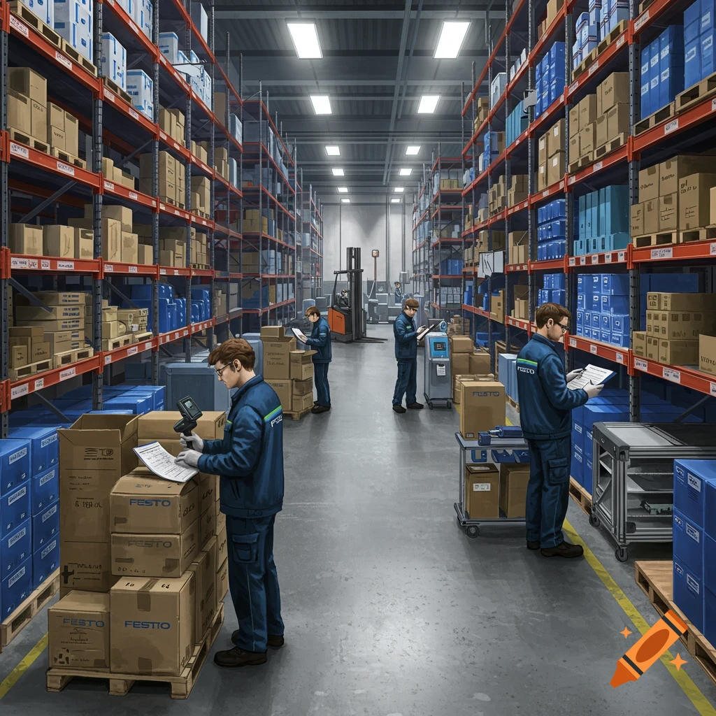 Workers in a large warehouse conducting inventory, scanning boxes on tall shelves, with a forklift visible in the background.