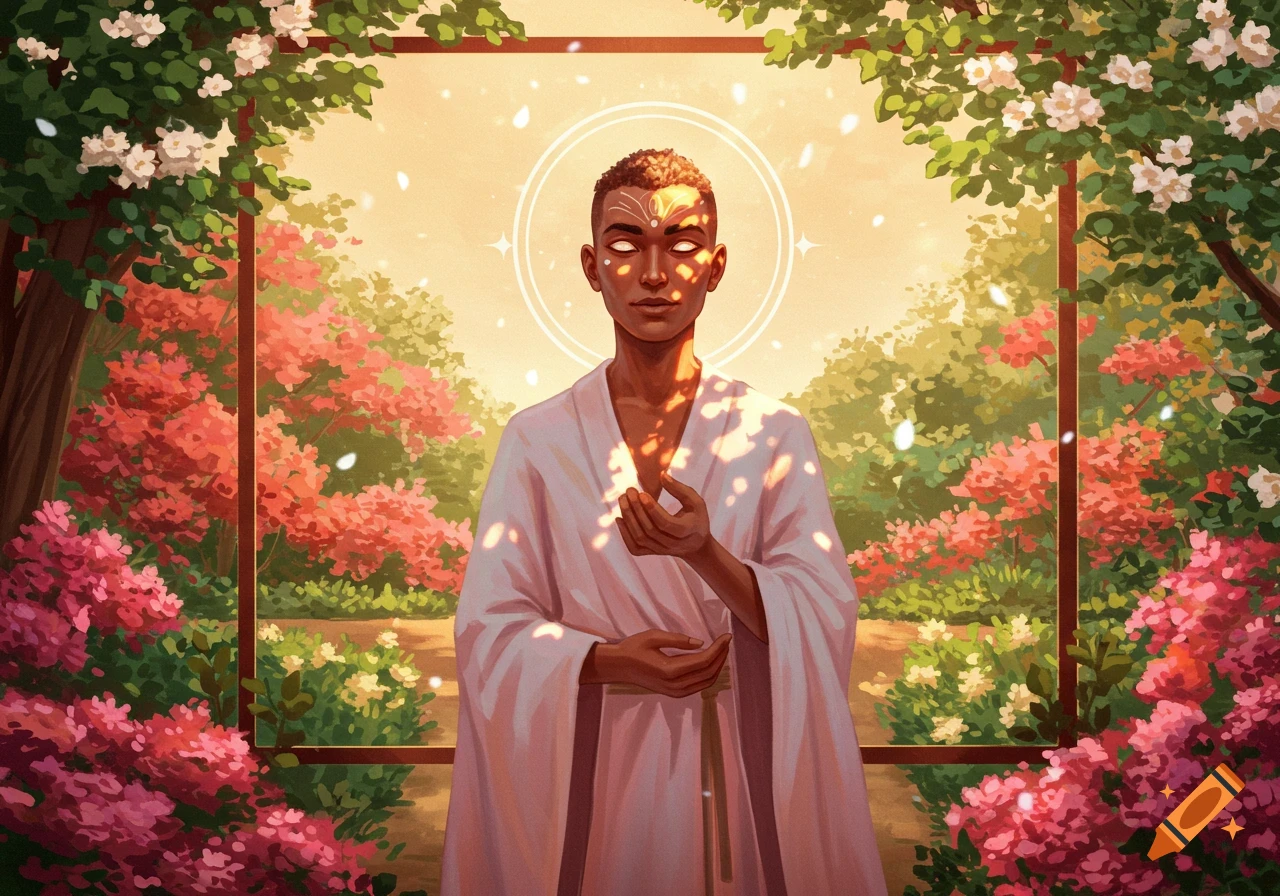 Illustrative portrait of a person with glowing eyes and symbols on their forehead, wearing a white robe in a bright, lush garden.