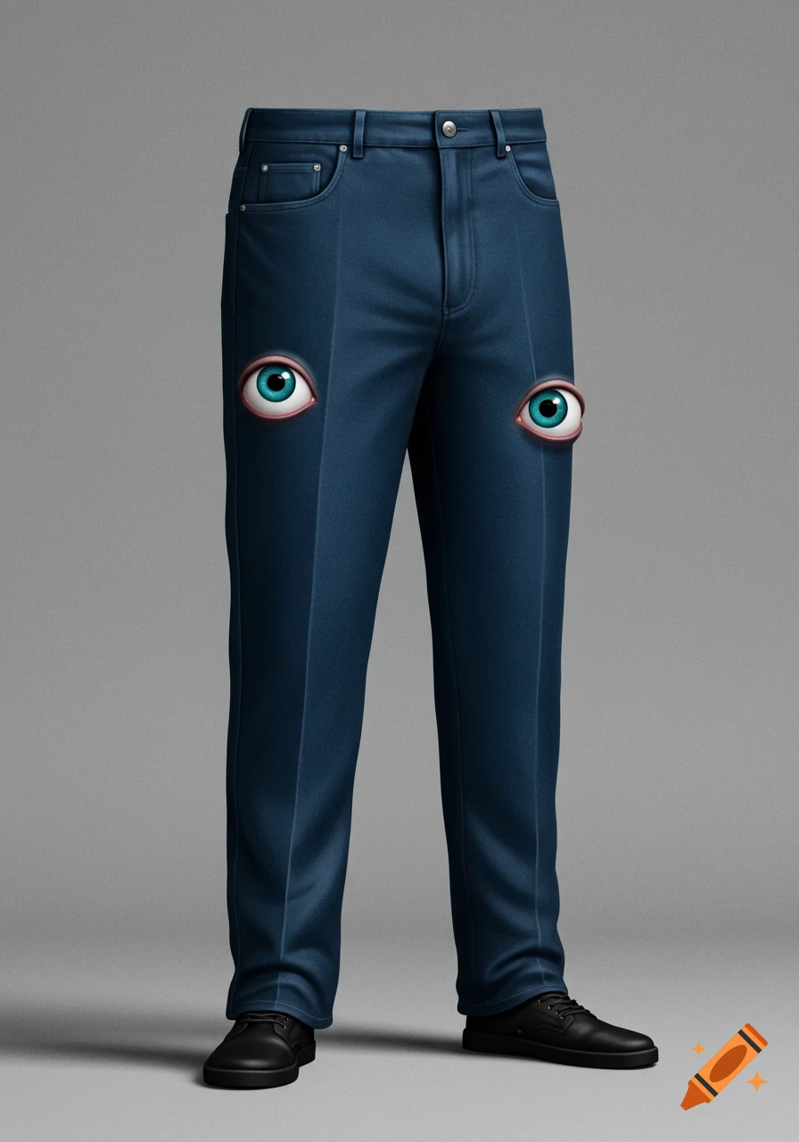 A pair of dark blue long pants with two large, realistic blue eyes embedded where the knees would be, standing with black shoes.