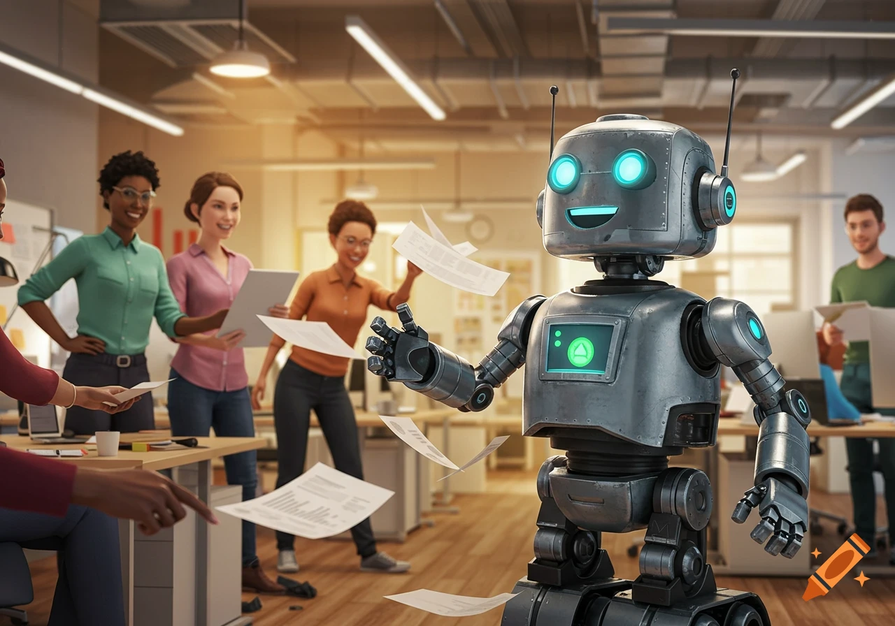 A smiling robot stands in an office with papers flying around it, while several diverse people happily interact with the documents.