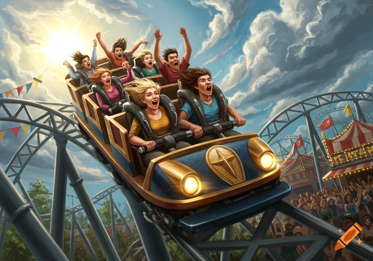 An illustration of people screaming with excitement on a roller coaster ride in a bright amusement park.