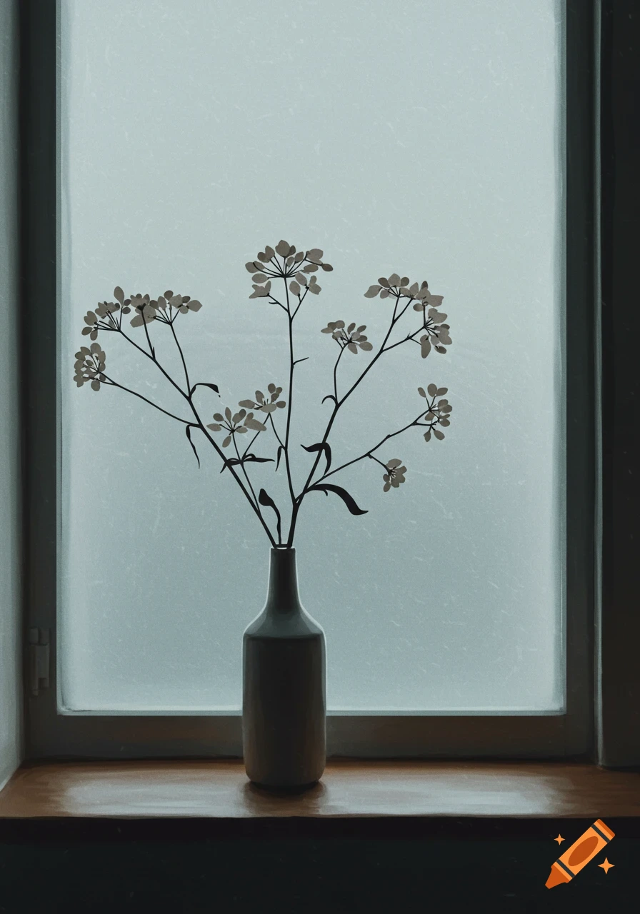 A minimalist still life of a vase with delicate white flowers on a wooden windowsill against a frosted window.