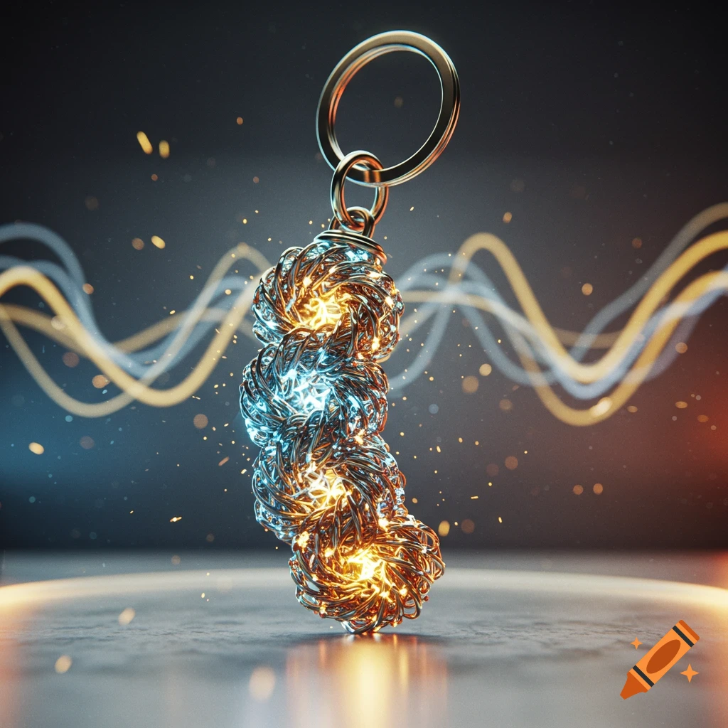 Metallic, intricately woven keychain glowing bright blue and orange, surrounded by sparkling particles and wavy light trails in a dark setting.
