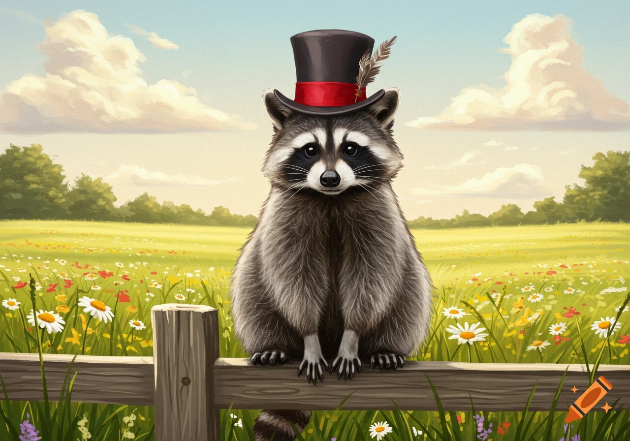 A charming raccoon wearing a black top hat with a red band and feather sits on a wooden fence in a vibrant wildflower field.