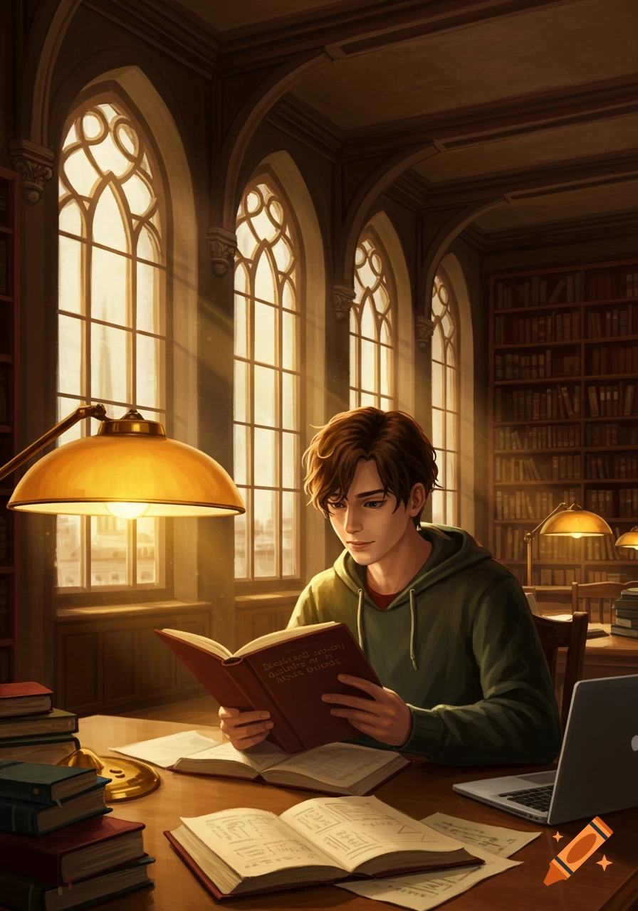 A young man with brown hair reads a book at a wooden desk in a grand library with tall arched windows, bathed in golden light.