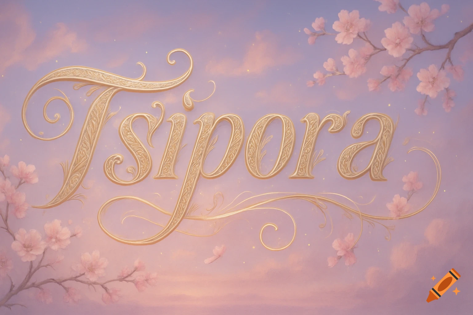 Elegant gold script of the name Tsipora with cherry blossoms on a pastel pink and purple sky background.