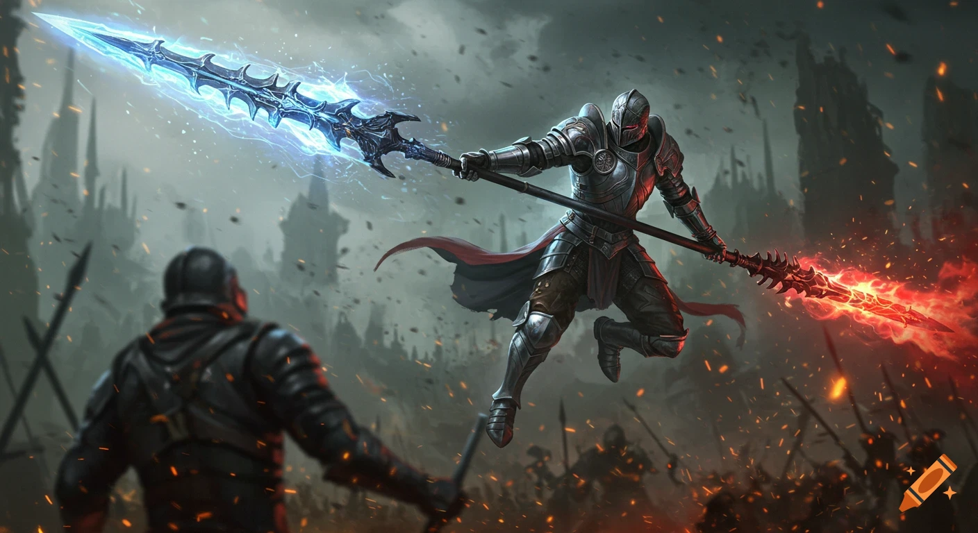 Armored knight leaps, wielding a glowing blue and red lance, attacking an enemy in a dark fantasy battle scene with distant castles.