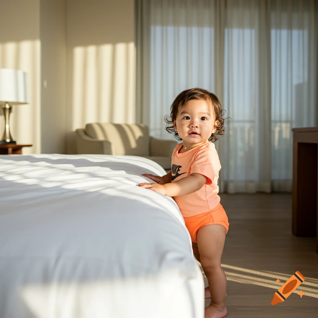 A mixed-race toddler in an orange Nike shirt stands by a bed in a sunlit hotel room.